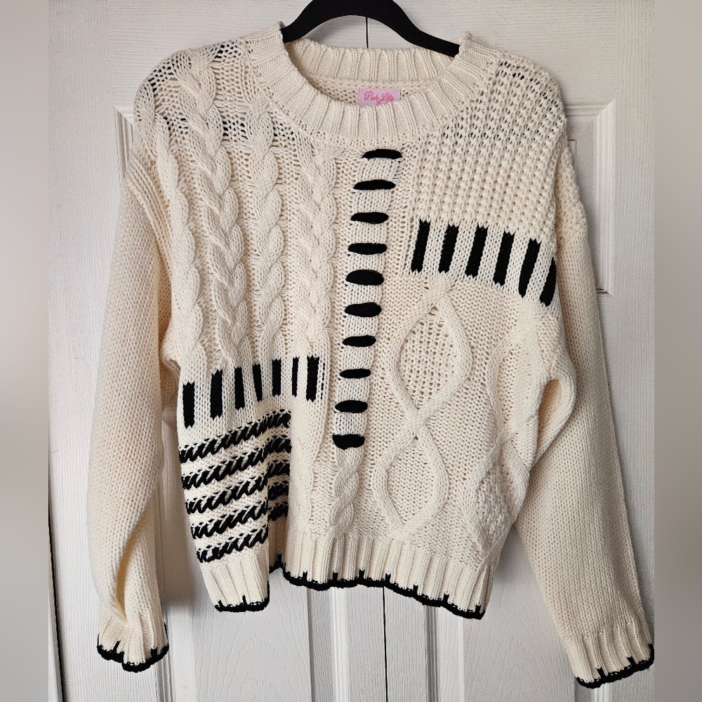Pink Lily Cream and Black Mixed Stitch Crewneck Sweater
